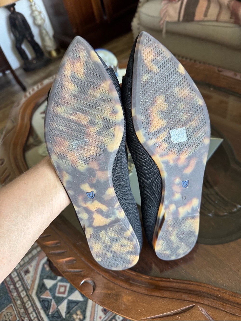 Rothy's Black Pointed-Toe Flats with Brass Buckle and Blue Trim - Picture 7 of 8